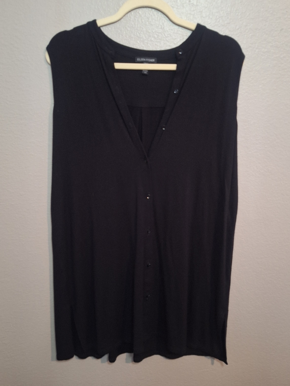 Eileen Fisher Black Sleeveless V-Neck Button Front Tunic, Large